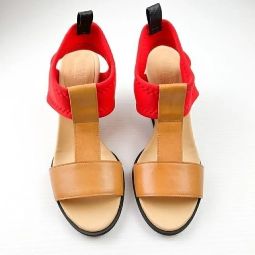 Maison Margiela MM6 Women's  size 10 Tan Red Leather Wedges Sandals Shoes